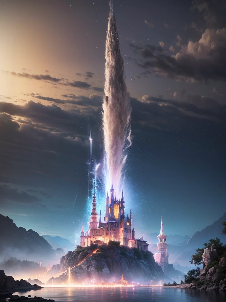 (8k, highest quality, masterpiece, final fantasy style: 1.2), (unRealistic, photoRealistic: 1.37), Dreamy landscape, Fantasy, Unsurreal landscapes, Super detailed, Flying Castle, Floating Island in the Sky, Seven-colored swirl of light, Intense lightning, milky way, Complex Light, Colored light, Large Lake, Starry sky reflected on the lake surface, Countless shining stars, Meteors, Reflections , (A pillar of light emanated from the ground:1,2), roses and orchids gardens , sunset, pink clouds, waterfalls in the sky, realistic style, Hyperrealism drawing, a flying pirate spaceship floating at the clouds level, burning skyscrapers, cyborgs, timeless realms, stunning princess , floating hair, pink lipstick, cute, naked shoulders , casting spell, healing light magic effect, in a magical lagoon of the fairyland, crystal clear water surface reflections, sharp focus, looking at viewer, (close-up:0.9), (bright white theme:1.2), (bright white tone:1.2), (deep blue tone:1.3), realistic, Hyperrealism,vivid colours