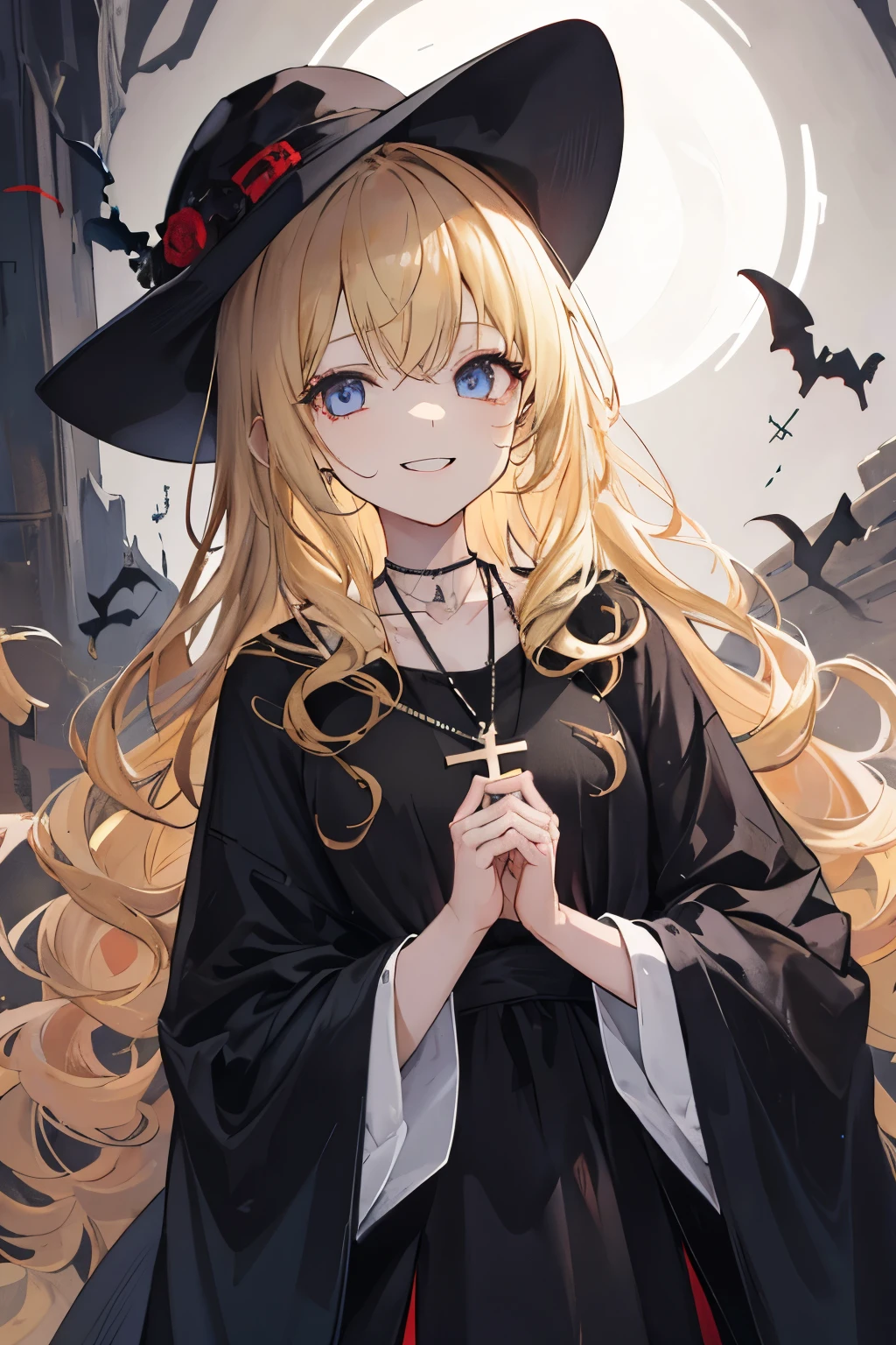 A girl with blonde and curly hair and long hair.
There is no light in the eyes, and they are completely black.
It's a scary smile.
She is clutching a necklace of crosses.