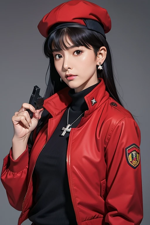 katsuragi misato, 1girl, jewelry, weapon, gun, solo, hat, earrings, handgun, holding, long hair, stud earrings, holding weapon, jacket, open clothes, necklace, profile, open jacket, long sleeves, red jacket, holding gun, bangs, beret, zipper, closed mouth, purple hair, cross, black hair, turtleneck, parted bangs, upper body, web address, dress, watermark, from side, finger on trigger, fingernails, unzipped, trigger discipline, looking away, cross necklace, red headwear, uniform, cowboy shot, dutch angle,