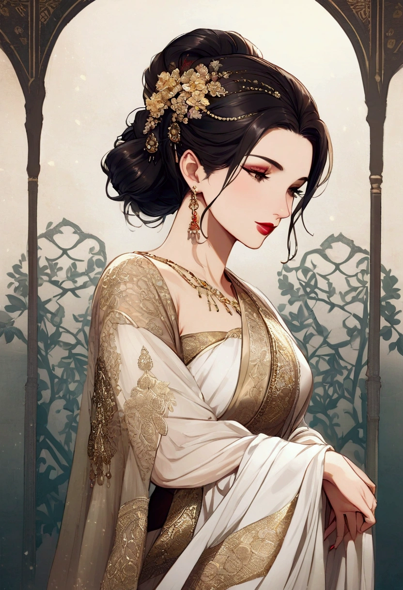 Create an image of a 24-26-year-old woman exuding elegance and grace in a saree. She should have a radiant and confident demeanor, with traditional yet contemporary features. The saree should be richly adorned, perhaps with intricate embroidery or vibrant patterns, complementing her youthful charm. Her hairstyle can be elegant, possibly with soft waves or a classic updo, and her makeup should be natural, enhancing her beauty. The background can be subtle and sophisticated, highlighting her poise and the beauty of the saree.