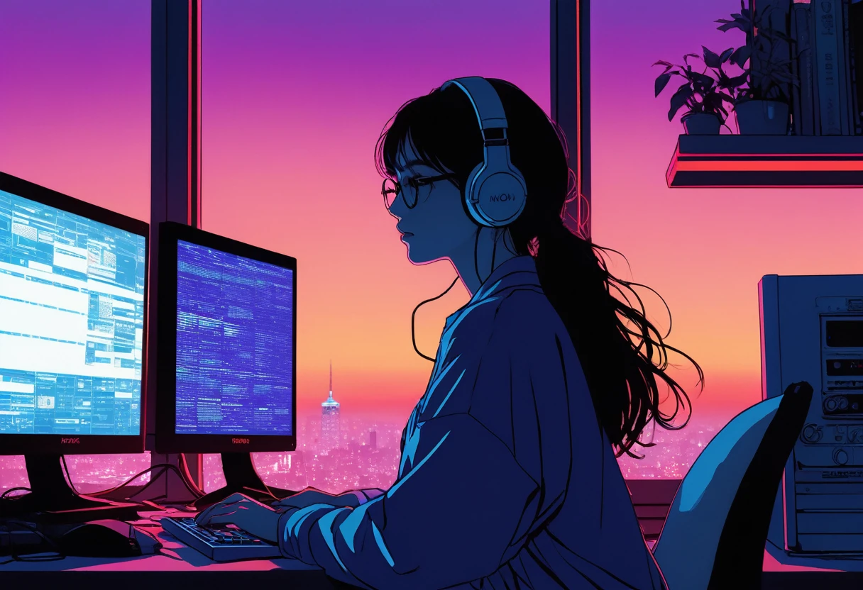 XXMix,Silhouette of frightened woman hiding in a 1980's radio station, neon light, in the style of coloring book comic, full body, raw hand drawn style, (from behind), Anime girl sitting in front of a computer in a cozy bedroom, Girl listening to music while studying in a cozy room (night), round glasses, Using headphones, on the roof, (beautiful night views from windows), lots of things, 2D anime style, The aesthetics of anime in the 90s, lo-fi, long hair, very detailed, hard disk, A mix of anime style and Fujifilm, surreal, 8k, masterpiece, violet eyes,black gloves, round glasses, long sleeves,violet hair, Flat Chest, smile, pantyhose