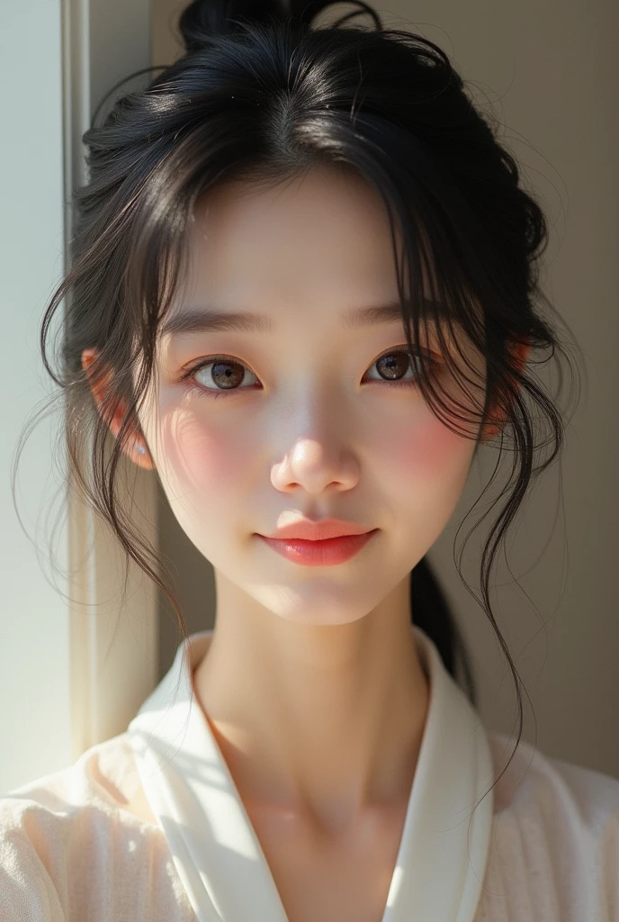 Japanese woman, 20s, smiling, clear skin, fair skin, bewitching virgin