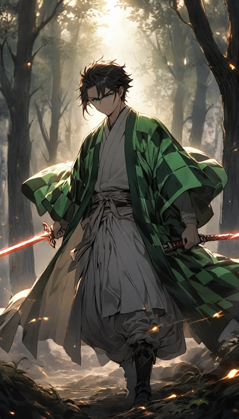 Tanjiro Kamado standing in a dense, misty forest, his nichirin blade glowing faintly with a fiery hue. He is dressed in his iconic green and black checkered haori, with his serious, determined eyes reflecting the burden of his mission. The scene is illuminated by soft moonlight filtering through the trees, casting eerie shadows around him. The atmosphere is tense, with the distant growl of a demon echoing in the background, and the forest bathed in a dark, mystical aura. The setting captures a mix of serenity and danger, highlighting Tanjiro's resolve and courage."