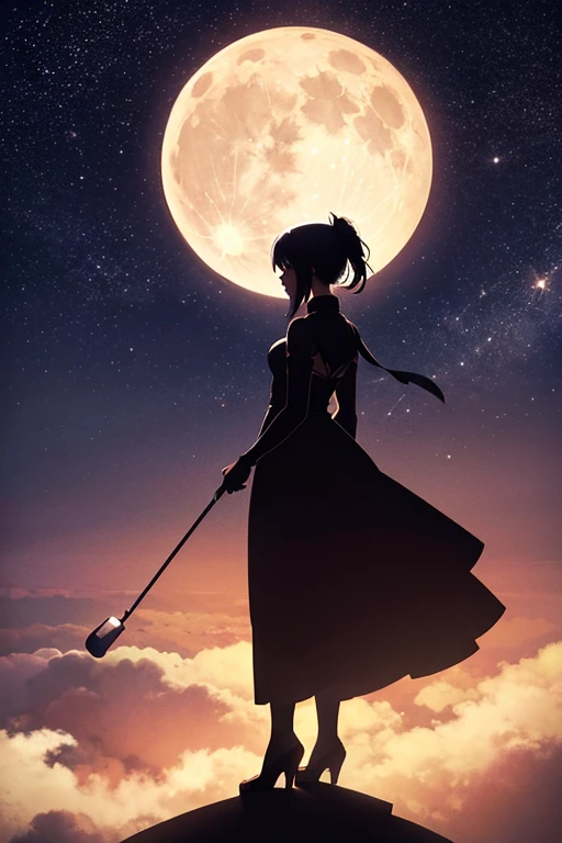 Highest quality,Big moon and shadow,A silhouette of a person can be seen against the backdrop of a large moon.,There is one full moon,There is a mood,Beautiful scenery,Starry Sky