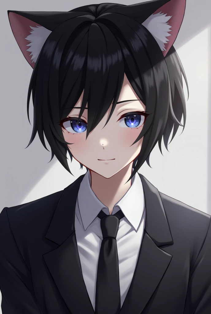 black hair, boy, cat ears, short hair, suit, beautiful, sharp eyes