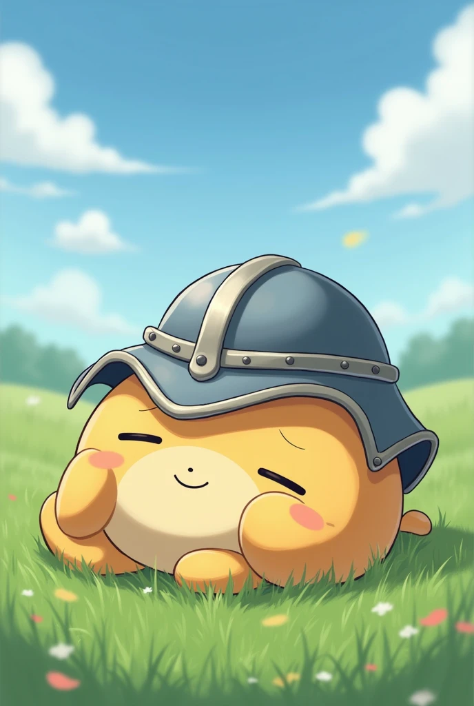 Snorax the pokemon sleeping with a war helmet on grass
Cutesy