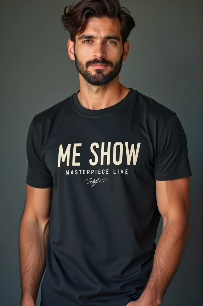 Handsome man wearing t-shirt of ME SHOW brand include brand logo((best quality)), ((masterpiece)) tag line live in style