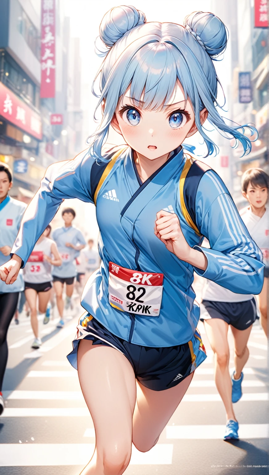 (Highest quality,8k,32K,masterpiece,Ultra-high resolution :1.2 ),born,One girl,Super cute,Natural light,Clear, shining eyes,20-year-old,Fair skin,marathon大会的な電子世界のファンタジー背景,Light blue hair,Japanese style hairstyle,Even bangs,running,marathon,Serious,Bun Hair