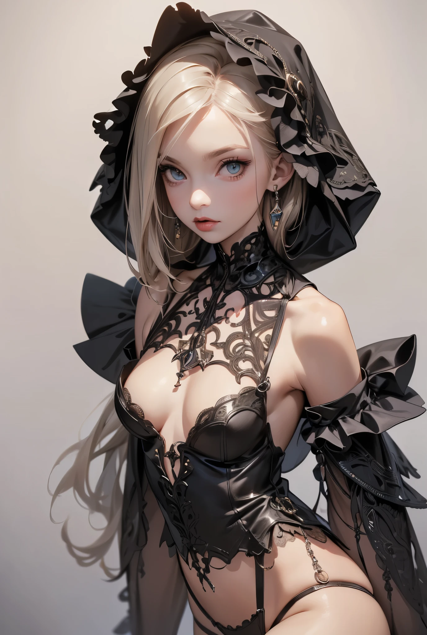(((masterpiece, of the highest quality, super detailed))), (a witch belonging to an occult order of knights), (a knight crossed with a witch), Victorian era inspired, ((minimal but intricate beautiful armour)), Fluttering lace flared dress with frilly petticoats, ((nier automata meets bloodbourne)), ((((Highly detailed face))), (big forhead:1.2), (((Very sharp focused eyes))), very long eyelashes, small breasts, (((flat chest:1.1))), occult aesthetic, (red and white clothing detailed and intricate steampunk and detailed gothic), (with a hood), complex lace boots,