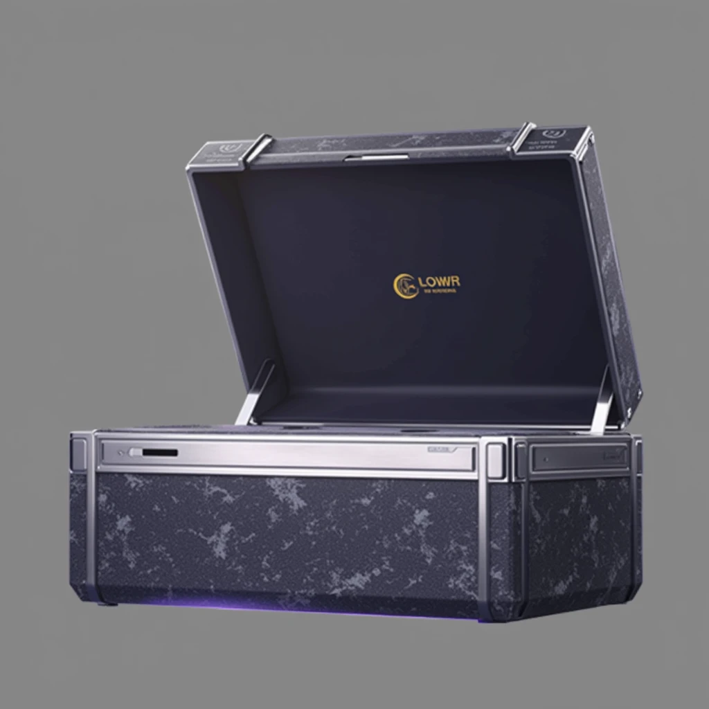 Luxury details,Black box half open,Metal brushed texture is faintly visible,Graffiti art embellishes the space,The central golden logo shines,Edge inlaid with exquisite metal,Showing nobility in a low-key manner。Side view angle。
