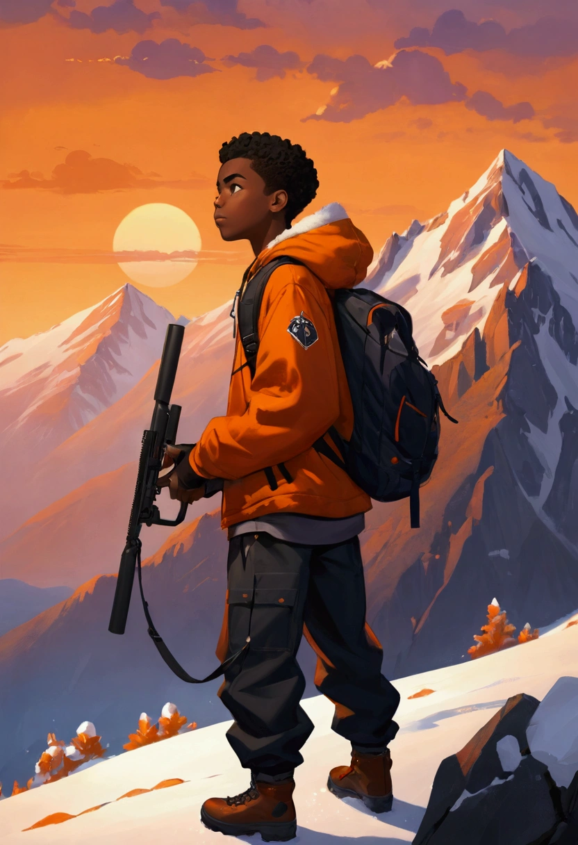 shore,1 black teenager with a gun, Mountain adventure scenery, cartoon, Snow on the mountain peaks, dusk, Orange sky  