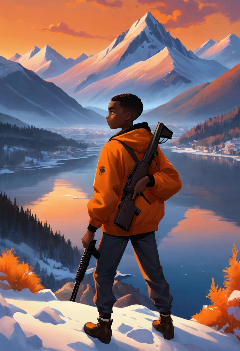 shore,1 black ager with a gun, Mountain adventure scenery, cartoon, Snow on the mountain peaks, dusk, Orange sky