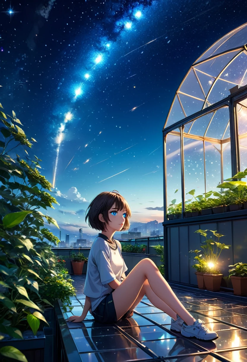 Highest quality, masterpiece, Very detailed, Detailed Background, anime, One girl, Young girl, short hair,blue eyes, sf, Outdoor, night, Starry Sky, meteor,greenhouse, huge structure, Biodome, Wind景, scenery, horizon, rooftop, sitting on rooftop, Wind, avert your eyes, Atmospheric lighting, Focus Only, close, From the side, Depth of written boundary, Bokeh