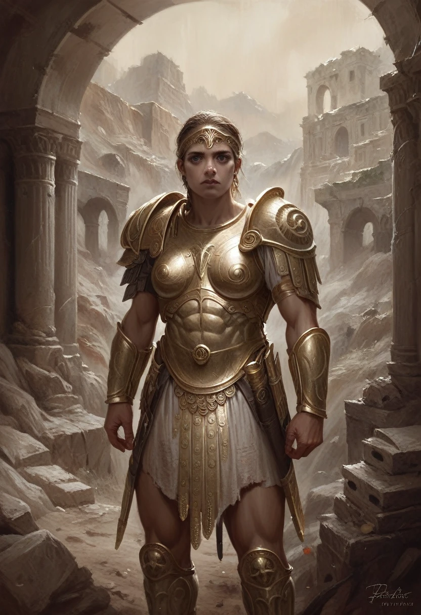 a highly detailed greek spartan warrior girl, extremely detailed muscular male figure, intricate armor, detailed facial features, piercing eyes, dramatic lighting, epic landscape, ancient ruins, dramatic pose, cinematic composition, muted color palette, oil painting, digital painting, hyper realistic, 8k, award winning artwork, masterpiece