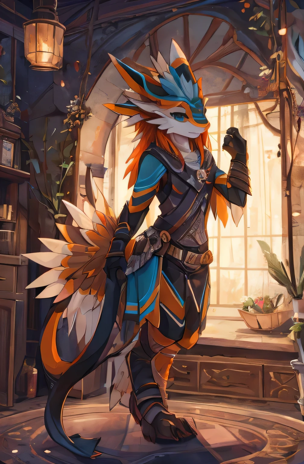 Avali,antro,solo,furry art,full body, orange and brown, clothes, long hair, girl