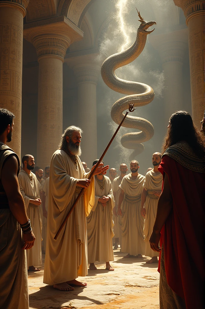 Create an image of Moses and Aaron where Moses&#39; Staff turns into a serpent in front of the Pharaoh King of Egypt 