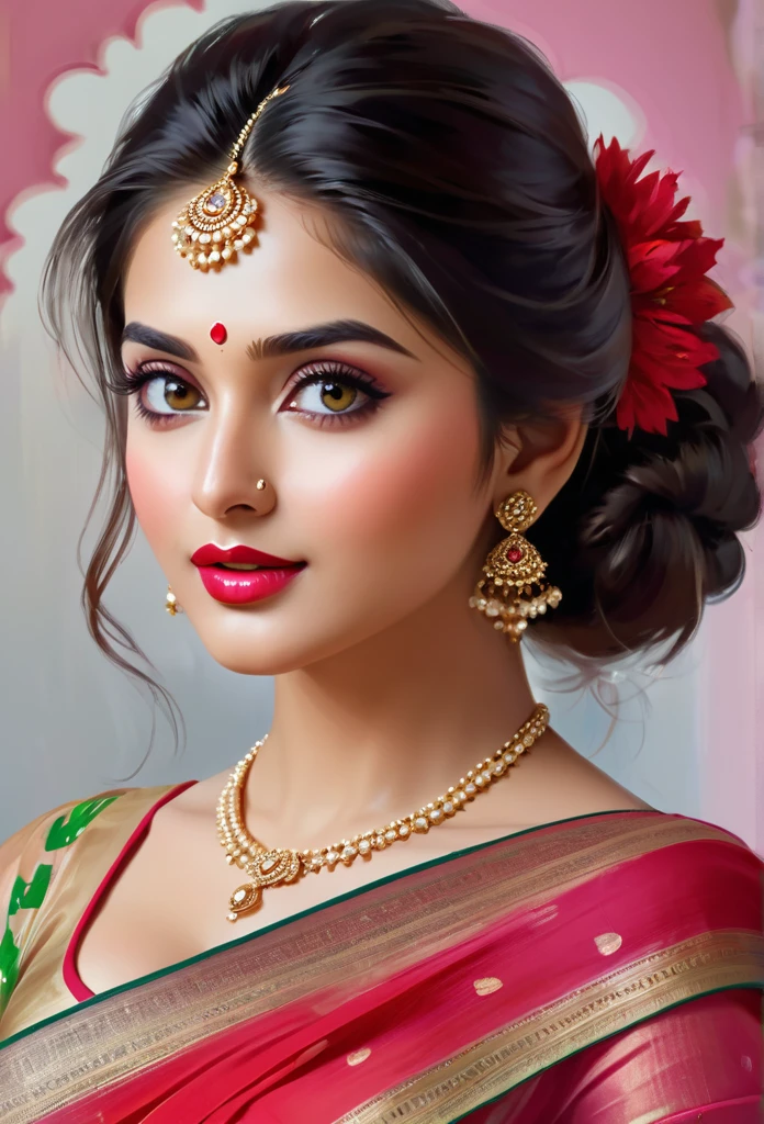 perfect pink eyes, fantastic face, Indian, beautiful look, ((red lips, bright eyes, curve heir 1.5)), ((beautiful details very big breast )), (Straight round and ultra huge clevage, not sagging breast), A glorious gorgeous, glorious gorgeous face, pretty face, bright eyes, detailed elegant printed red saree, updo elegant hair, blurred gray tones background, ultra focus, face ilumined, face detailed, 8k resolution, painted, dry brush, brush strokes, razumov style and garmash style, by Tokaito, ((Full Open )), full body, sexy open thin belly,