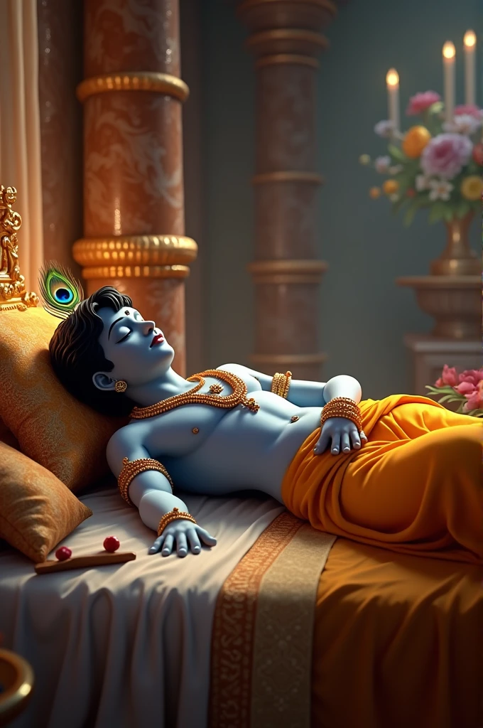 Here's a detailed image prompt for Lord Krishna sleeping in his temple:
"Create a serene scene of Lord Krishna peacefully sleeping in a temple. Krishna should be depicted lying on a soft, ornate bed with intricate golden patterns. His face should be calm and content, with a gentle smile, and his body adorned with delicate, traditional jewelry and a yellow silk dhoti. The temple surrounding him should be dimly lit with warm, soft lighting, casting a divine glow on Krishna. The background should include marble pillars, rich tapestries, and an altar with offerings of flowers and fruit. A peacock feather should rest near his head, and a flute should be placed close by, symbolizing his divine presence. The overall atmosphere should exude tranquility and reverence."
