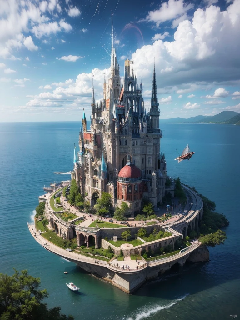 (8k, highest quality, masterpiece, final fantasy style: 1.2), (unRealistic, photoRealistic: 1.37), Dreamy landscape, Fantasy, Unsurreal landscapes, Super detailed, Flying Castle, Floating Island in the Sky, Seven-colored swirl of light, Intense lightning, milky way, Complex Light, Colored light, Large Lake, Starry sky reflected on the lake surface, Countless shining stars, Meteors,  Reflections , (A pillar of light emanated from the ground:1,2), roses and orchids gardens , sunset, pink clouds, waterfalls in the sky, realistic style, Hyperrealism drawing, a flying pirate spaceship floating at the clouds level, burning skyscrapers, cyborgs, timeless realms, stunning  princess  , floating hair, pink lipstick, cute,  shoulders ,  casting spell, healing light magic effect, in a magical lagoon of the fairyland, crystal clear water surface reflections, sharp focus, looking at viewer, (close-up:0.9), (bright white theme:1.2), (bright white tone:1.2), (deep blue tone:1.3), realistic, Hyperrealism,vivid colours