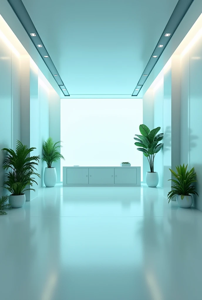 A futuristic, clean and empty workspace with a focus on blue, white and green