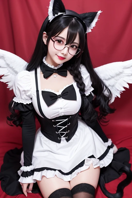 Long wavy black hair　Black-rimmed glasses　Cat ear　first round　Lock　Lolita　cute　Gothic maid outfit　Knee socks　gloves　hat　Background white　cute　Double teeth　Angel&#39;s wing　