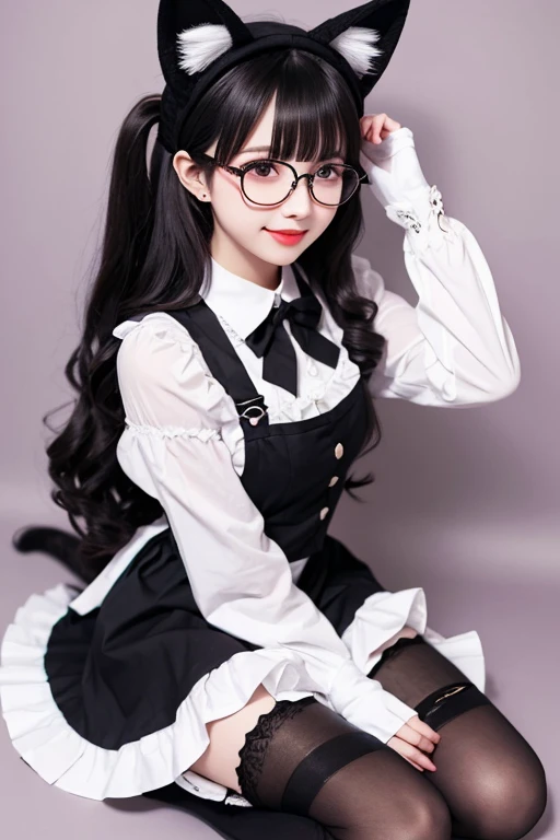 Long wavy black hair　Black-rimmed glasses　Cat ear　first round　Lock　Lolita　cute　Gothic maid outfit　Knee socks　gloves　hat　Background white　cute　Double teeth　Angel&#39;s wing　