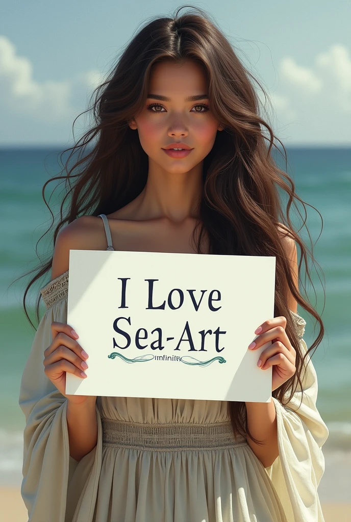 Beautiful girl with wavy long hair, bohemian dress, holding a white board with text "I Love Seaart Infinity" and showing it to the viewer
