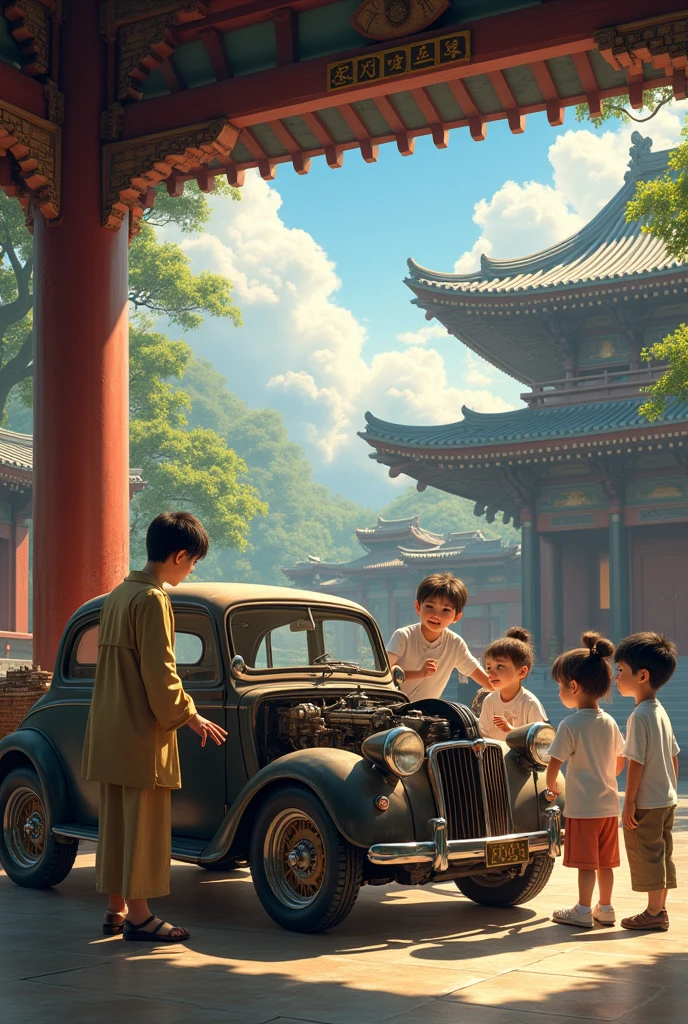 Children learning automobile in buddhist temple.