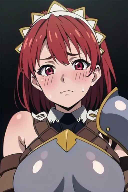 Cecily Campbell, big breasts, armor, breastplate, red hair, red eyes, 1girl, solo, looking at the viewer, upper body, (aroused facial expression), blush, sweat, close-up, (simple dark background), view from below
