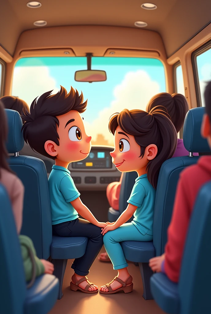 A class of students is on a tour in a van. In the seat perpendicular to the driver's seat, a boy is sitting in the corner, wearing a blue shirt and black pants. In the seat behind next to the driver, a girl is sitting in the corner, wearing a blue kurta and sandal-colored pants. She is looking at the boy sitting in the corner.draw it like a cute cartoon.