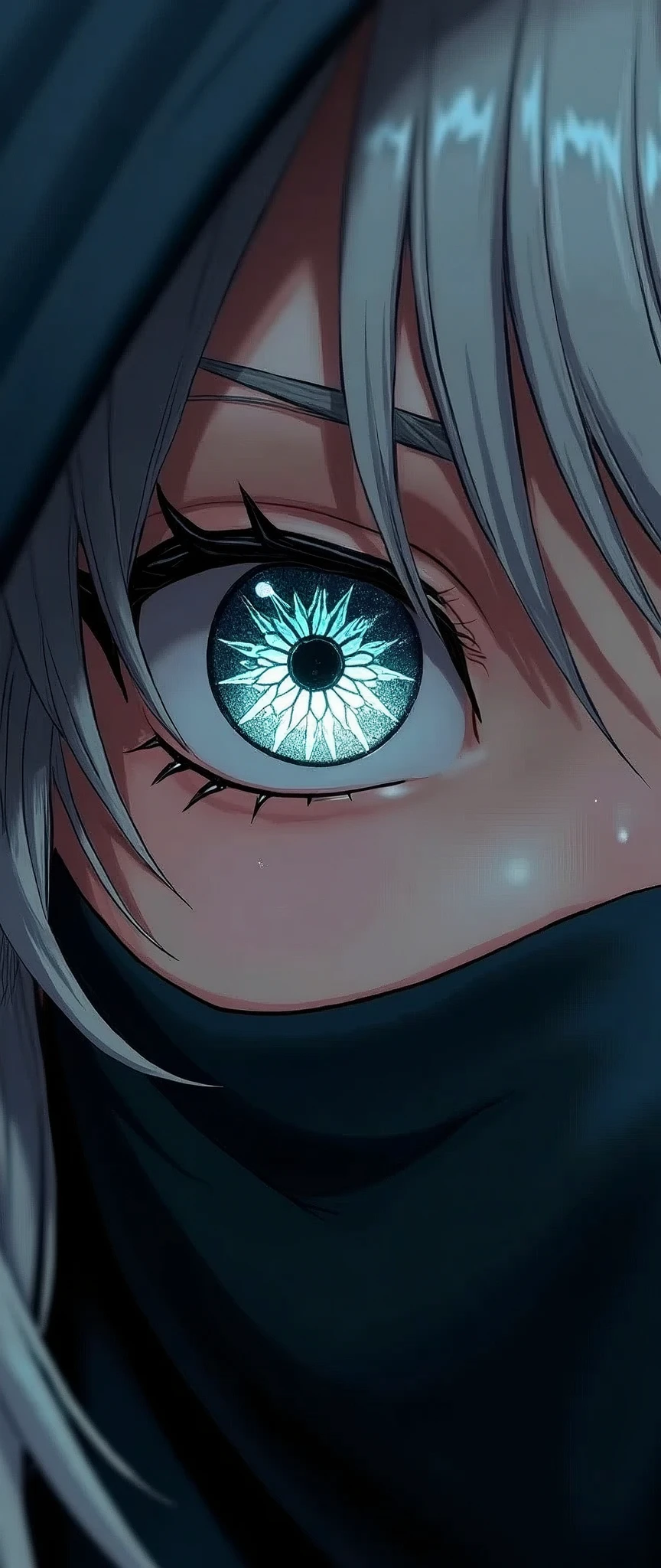 (masterpiece:1.2),(Highest quality),(Very detailed),(Ultra-high resolution),(Photorealistic),8k,wallpaper,(1 girl),(Face close-up:1.6,Draw both eyes:2.0),(front:1.6),(Beautiful Female Ninja),(look at me),(Beautiful Face,Beautiful Eyes,Perfect Eyes),(Beautiful glowing eye effects:1.3,The woman&#39;s eyes see beautiful geometric patterns like a kaleidoscope:1.3,The left and right eyes show different patterns:1.6,Detailed drawing of the eyes:1.2),(Black Costume,Silver Hair),(The female ninja uses genjutsu.),(dynamic)
