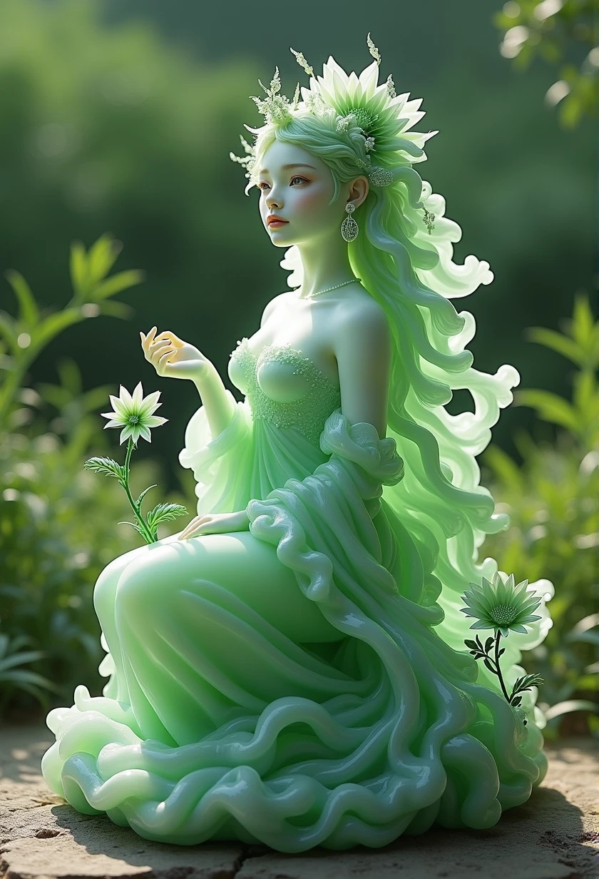 best quality, very good, 16K, ridiculous, Extremely detailed, Gorgeous woman,Made of translucent jadeite, Background grassland((A masterpiece full of fantasy elements))), ((best quality)), ((Intricate details))(8k)