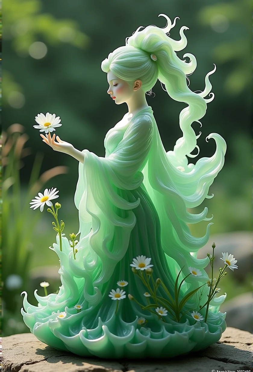 best quality, very good, 16K, ridiculous, Extremely detailed, Gorgeous woman，Made of translucent jadeite, Background grassland（（A masterpiece full of fantasy elements）））， （（best quality））， （（Intricate details））（8k）