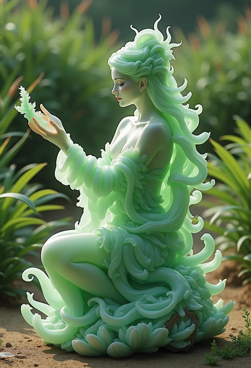 best quality, very good, 16K, ridiculous, Extremely detailed, Gorgeous woman,Made of translucent jadeite, Background grassland((A masterpiece full of fantasy elements))), ((best quality)), ((Intricate details))(8k)