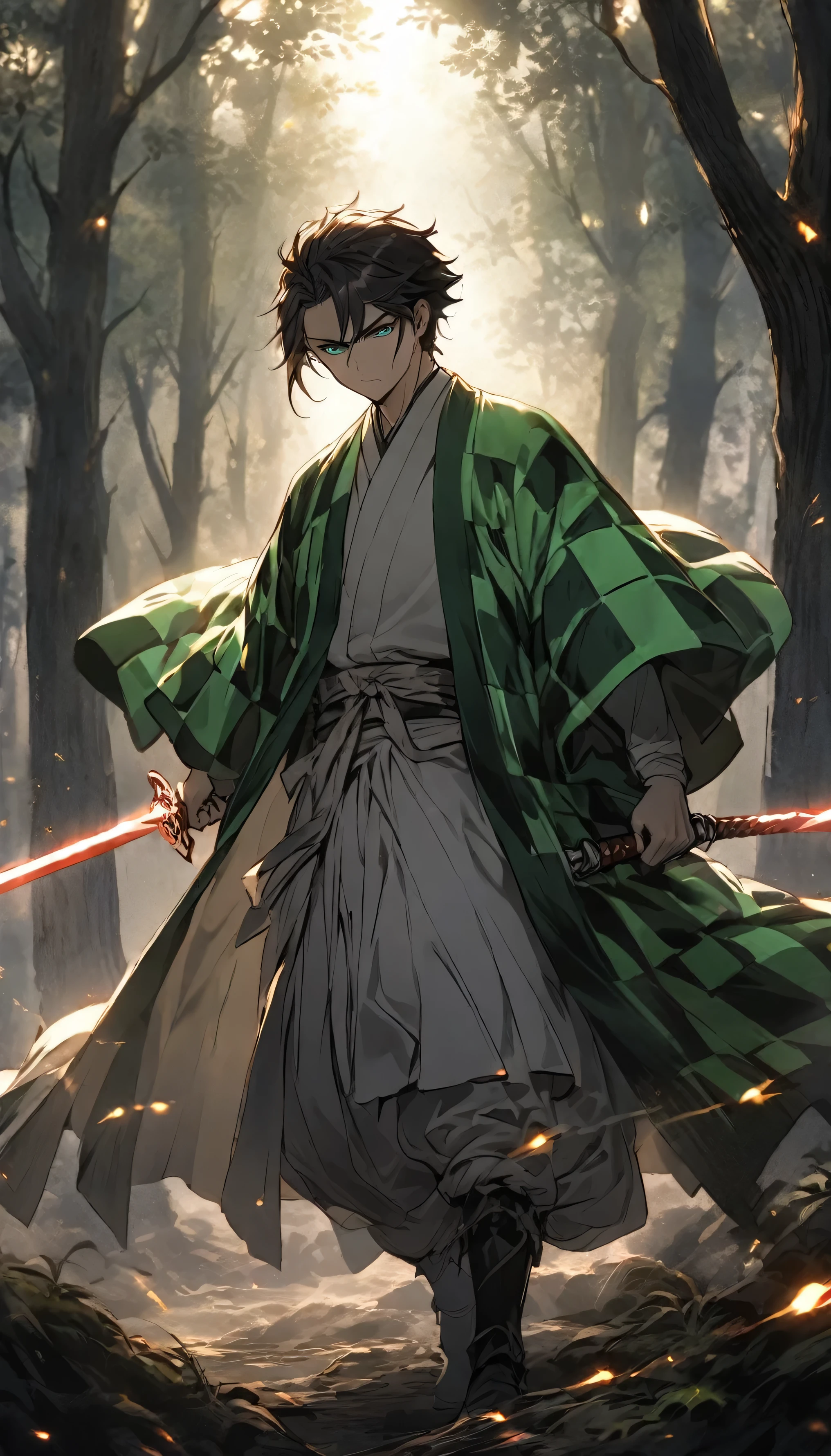 Tanjiro Kamado standing in a dense, misty forest, his nichirin blade glowing faintly with a fiery hue. He is dressed in his iconic green and black checkered haori, with his serious, determined eyes reflecting the burden of his mission. The scene is illuminated by soft moonlight filtering through the trees, casting eerie shadows around him. The atmosphere is tense, with the distant growl of a demon echoing in the background, and the forest bathed in a dark, mystical aura. The setting captures a mix of serenity and danger, highlighting Tanjiro's resolve and courage."
