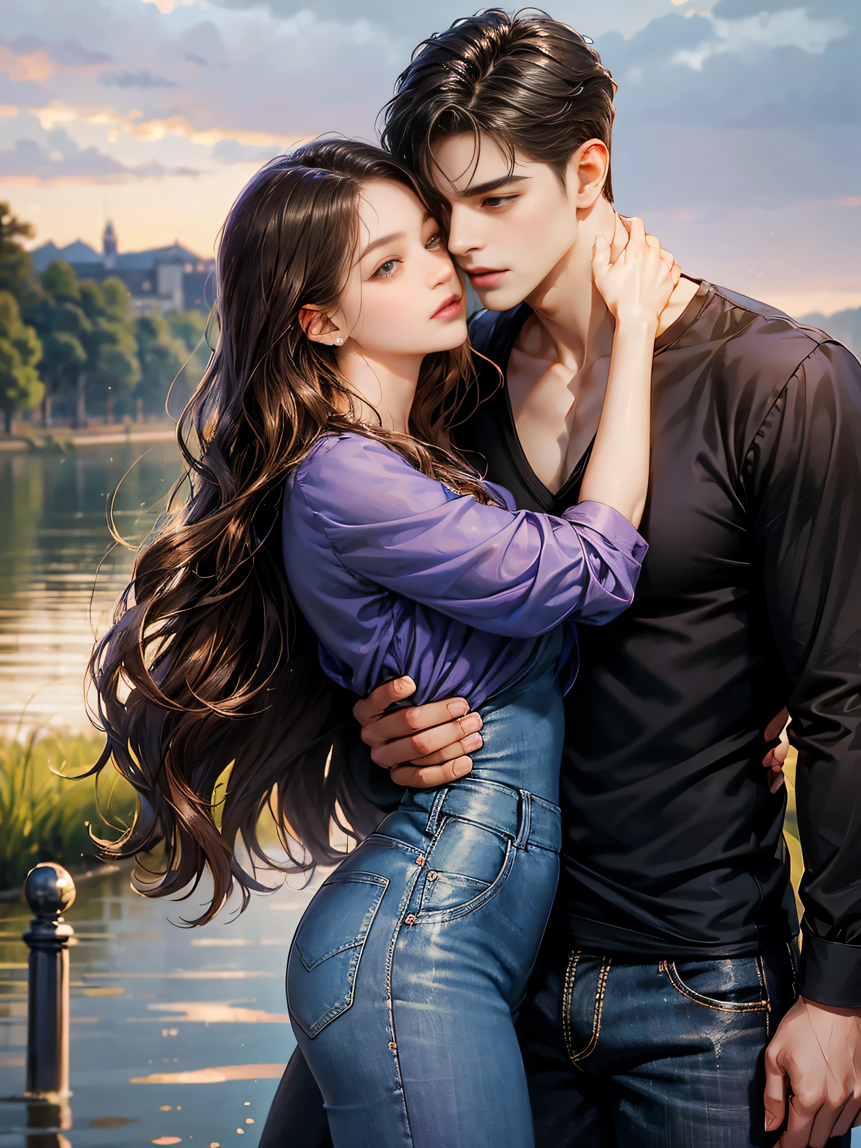 Couple, 1 girl 1 boy, different hair color, longe brown wavy hair, no bangs and brown eyes, purple short dress, short black hair, wavy hair and (sky blu eyes) , black shirt, jeans. Height different, detailed face, detailed hands. Hug and romantic kiss. The look at the viewer. Background riverbank,so romantic,