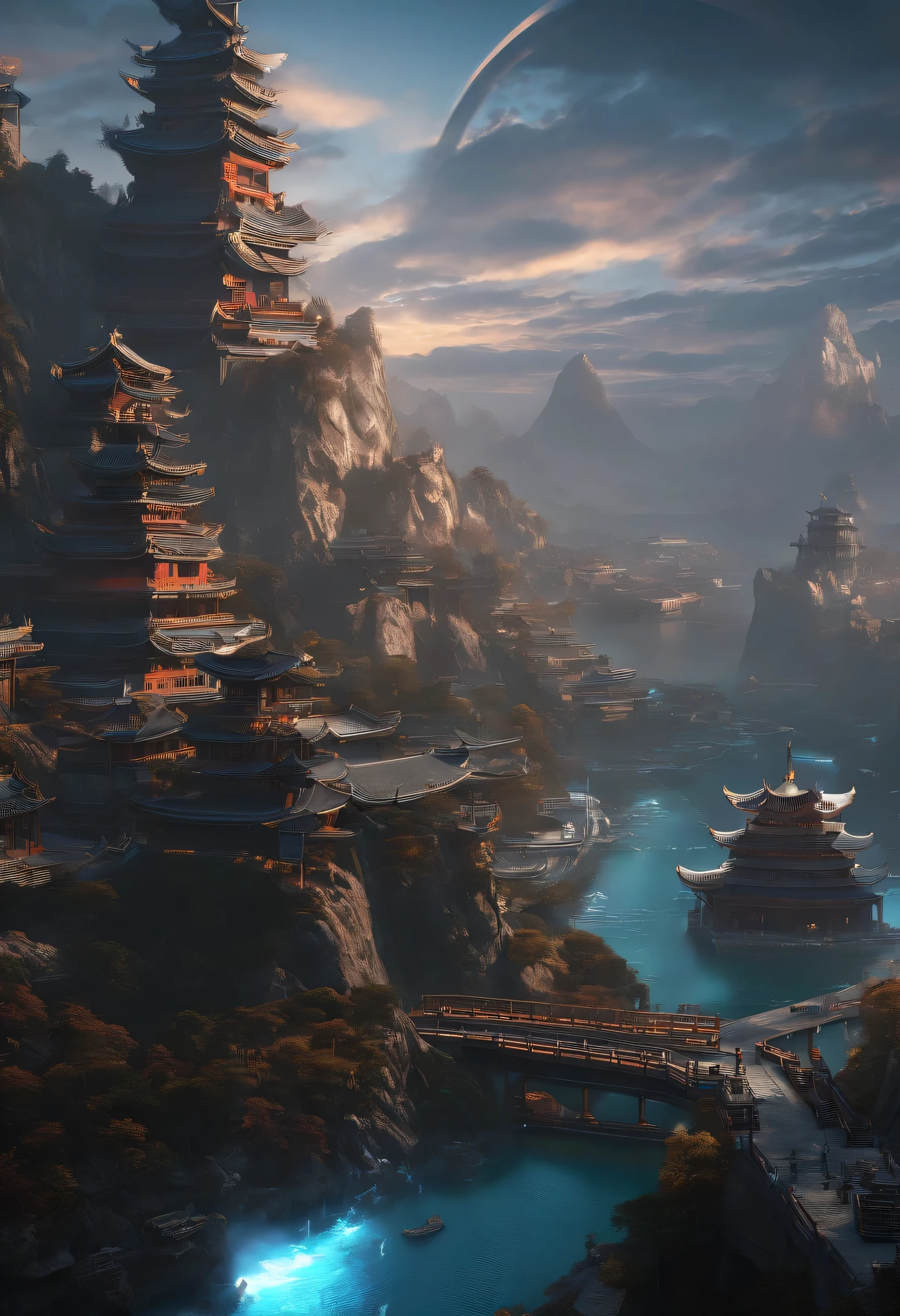 Ancient Chinese Landscape, Mountains, river, Auspicious Clouds, Sunlight, masterpiece, Super Detail, Epic creation, Ultra HD, high quality, Extremely detailed, Official Art, Unity 8k wallpaper, Super Detail, 32k -- Part 6