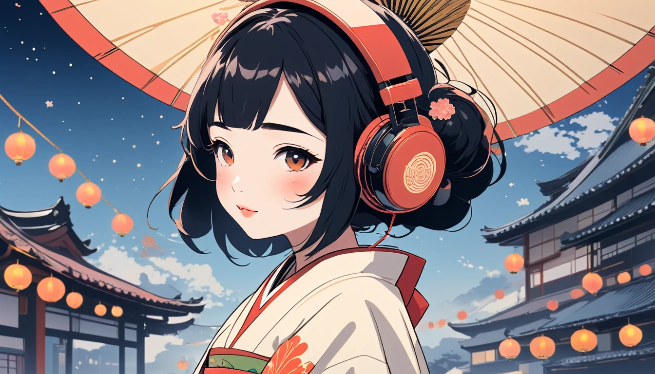 Maiko wearing Japanese style headphones、fan、Wide-angle lens, Lofi Anime, Lofi illustration, Aesthetic atmosphere, Lo-Fi Style, Vector art, Flat Design, Simple shape, Warm tones, Pleasant atmosphere, Chill, In anime style, Digital drawing, Vector art, Vector logo for t-shirt printing, (Adorable:1.5), (small:1.4), (Playful:1.2), (soft:1.3), (Whimsical:1.1), masterpiece, Highest quality, 8k, Intricate details, grow, Celestial, Mysterious, Picturesque, amazing, Majestic, Magic, Fantasy art, Cover art, dream-like