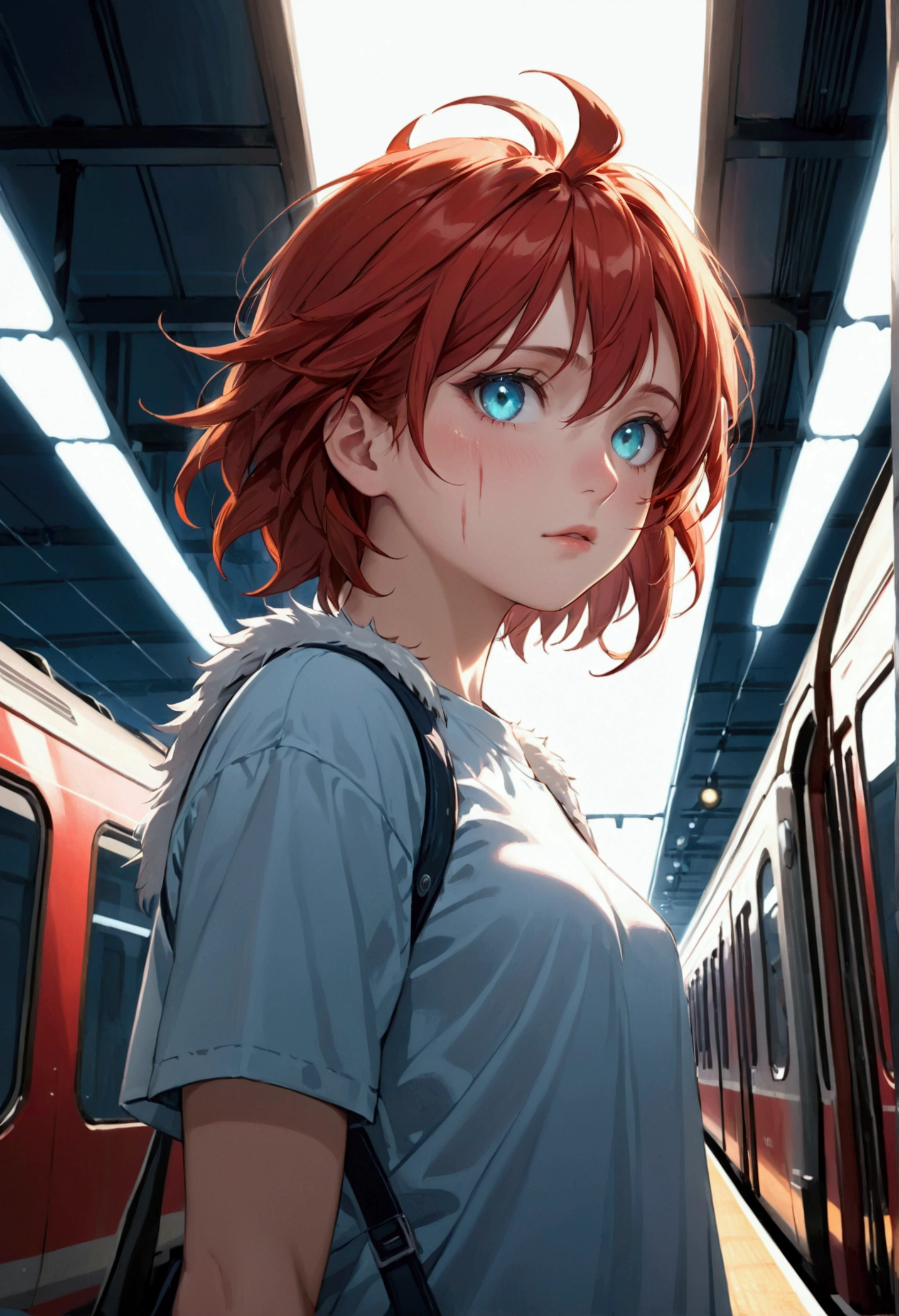 (Best Quality),(masterpiece), (Extremely detailed 8K wallpaper),ultra detailed,cinematic lighting, Detailed light, best shadow, dynamic angle, from below, train station, train, signal light, 1 chico, Leonard manure, Red hair, aquamarine eyes, arete, single horn, strip mark on face, glow, White shirt,, detailed face, detailed reflective eyes, pretty eyes, extremely discolored face,reflective fur,