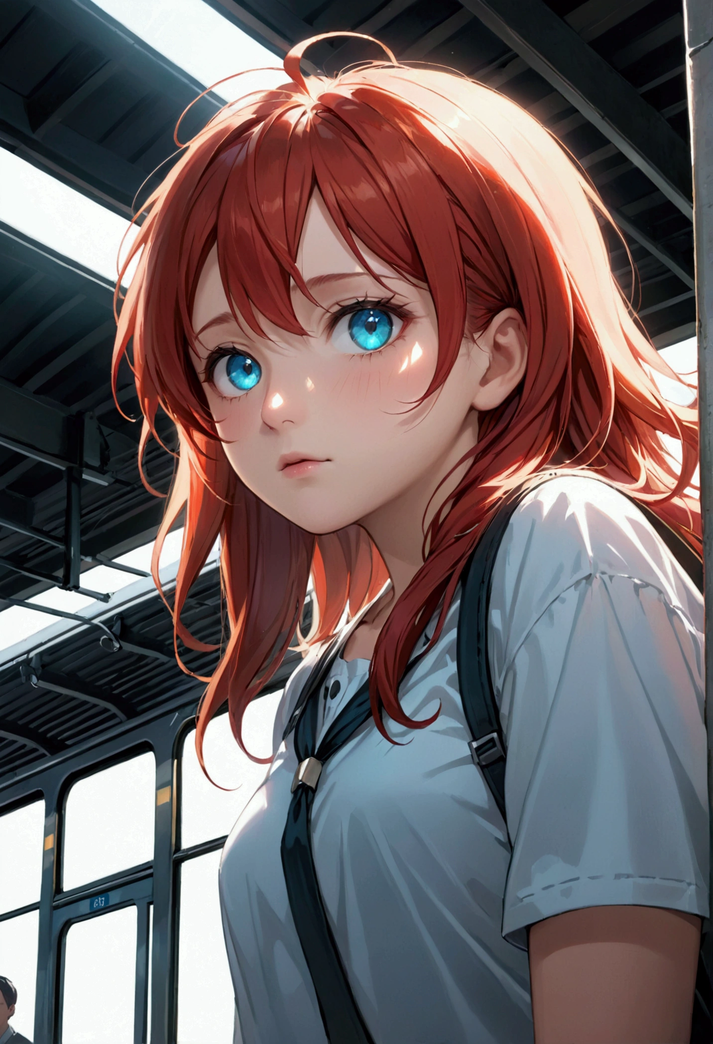 (Best Quality),(masterpiece), (Extremely detailed 8K wallpaper),ultra detailed,cinematic lighting, Detailed light, best shadow, dynamic angle, from below, train station, train, signal light, 1 chico, Leonard manure, Red hair, aquamarine eyes, arete, single horn, strip mark on face, glow, White shirt,, detailed face, detailed reflective eyes, pretty eyes, extremely discolored face,reflective fur,