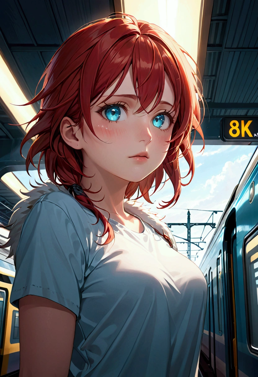 (Best Quality),(masterpiece), (Extremely detailed 8K wallpaper),ultra detailed,cinematic lighting, Detailed light, best shadow, dynamic angle, from below, train station, train, signal light, 1 chico, Leonard manure, Red hair, aquamarine eyes, arete, single horn, strip mark on face, glow, White shirt,, detailed face, detailed reflective eyes, pretty eyes, extremely discolored face,reflective fur,