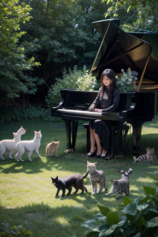 Woman in a magical environment, playing the piano with lots of cats around and in a yard full of green plants
