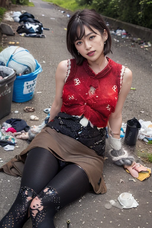 (8k, RAWphotograph, Highest quality, masterpiece:1.2), (Realistic, photo-Realistic:1.4), Very detailed, photograph,((Highest quality)), ((masterpiece)), (Genuine), Full Body Shot,(((A Japanese man lying face up on a pile of garbage:1.2,beautiful,26 years old,Breast bulge visible from the top of clothes))),Very Short Hair,(((Red sleeveless knit:1.4))),(((Black enamel tight skirt:1.4))),((Dark brown pantyhose:1.7)),((White patent leather boots)),Clothed sex,Climax state,close your eyes,(((Semen stains all over the body:1.6))),(((Raise both knees,Spread your legs wide to show your crotch:1.3))),(Love juice overflows from panties covered with stockings:1.5),((Transmitted stockings:1.1)),((Clothes are heavily soiled with a large amount of semen:1.8)),(((A tattered knit with holes:1.6))),(((Torn Skirt))),Dark Back Alley,(There is a lot of rubbish scattered on the ground:1.4)