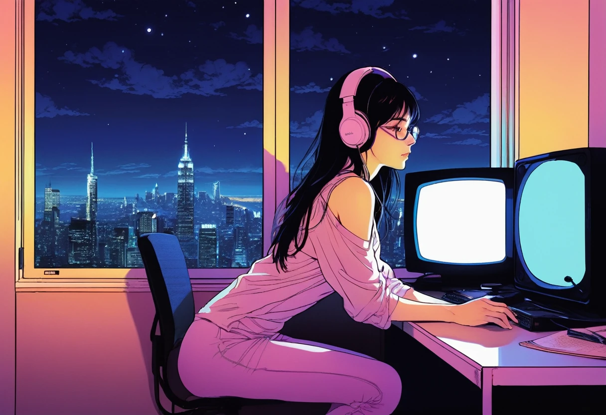 XXMix,Silhouette of frightened woman hiding in a 1980's radio station, neon light, in the style of coloring book comic, full body, raw hand drawn style, (from behind), Anime girl sitting in front of a computer in a cozy bedroom, Girl listening to music while studying in a cozy room (night), round glasses, Using headphones, on the roof, (beautiful night views from windows), lots of things, 2D anime style, The aesthetics of anime in the 90s, lo-fi, long hair, very detailed, hard disk, A mix of anime style and Fujifilm, surreal, 8k, masterpiece, violet eyes,black gloves, round glasses, long sleeves,violet hair, Flat Chest, smile, pantyhose, school leggings