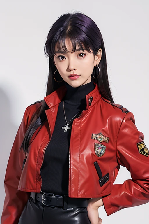 (best quality:1.4,masterpiece:1.4,ultra detailed,hires),
katsuragi misato,mature woman,brown eyes,medium breasts,
long hair,purple hair,parted bangs,
black turtleneck:1.2,red cropped jacket,open jacket,
cross necklace,earrings,emblem,belt,
black pencil skirt,
cowboy shot,white background,