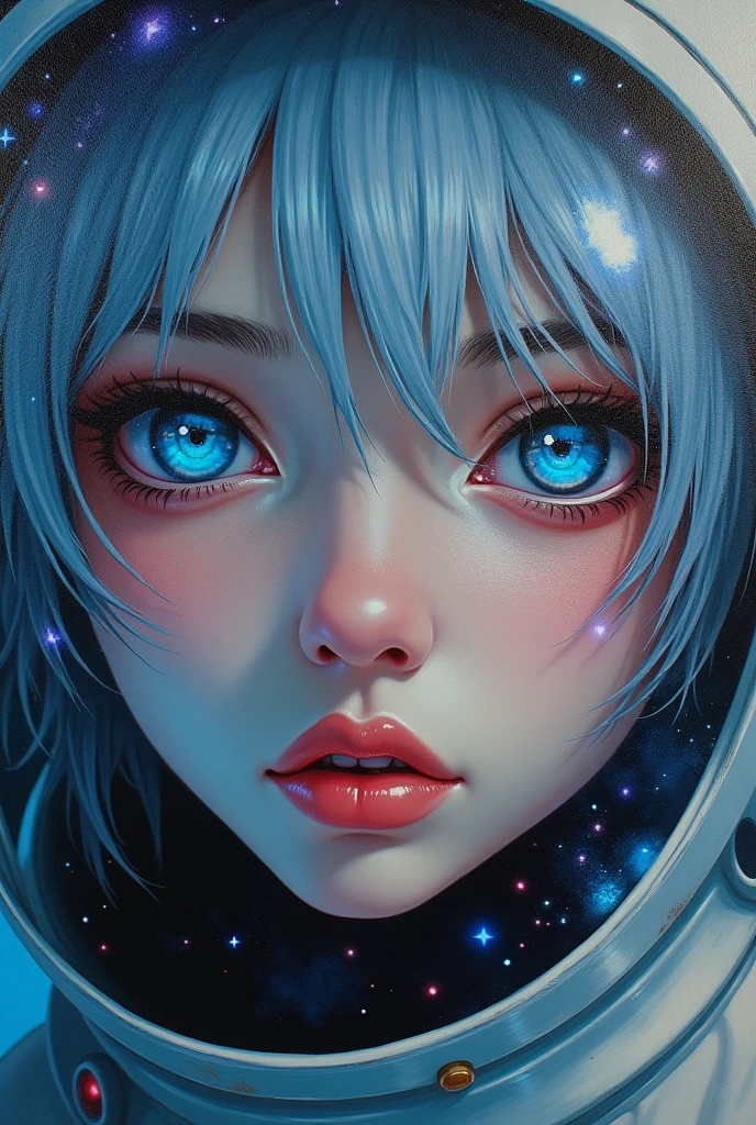 (Close-up of a better masterpiece:1.5)0.9], (Space and astronauts:1.2) (Messy silver hair:1.1) (Heterochromia xanthochromia and blue eyes:1.2) (Space Helmet:1.0) (Colored stars in the eyes:1.0) (A radiant glow:1.1) (thick lips:0.9)