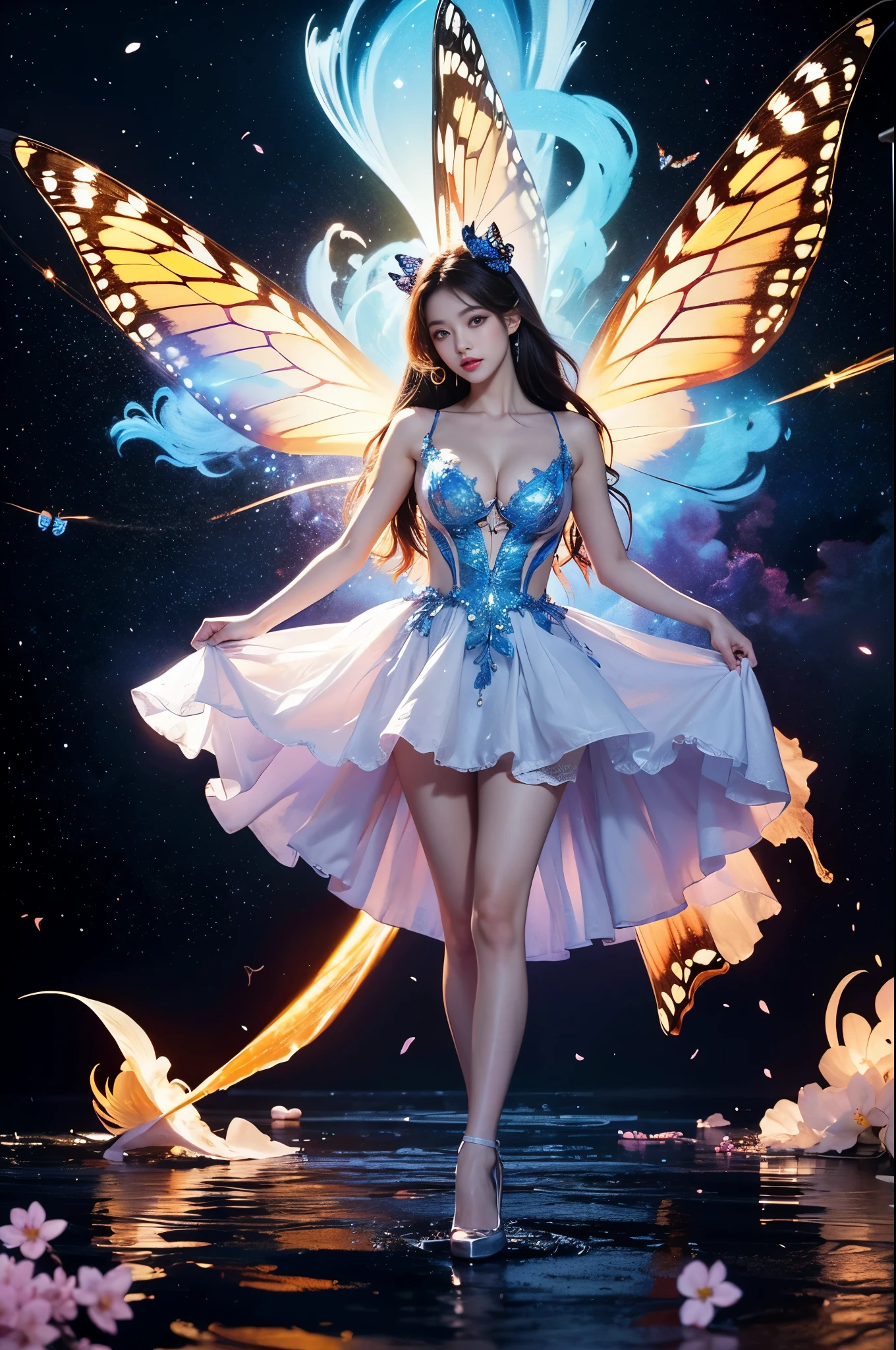 Beautiful dance movements of a soubrette wearing a soubrette outfit, Long legs , Calf((Flowing long hair))Official Art , Unity8k Wallpaper , Extremely detailed , Visible cleavage, Pretty and beautiful , Sexy long legs, masterpiece , best quality ,Practical, Very detailed illustrations ,Extremely detailed , Intricate details , Extremely complex and detailed , Very detailed 8KCG wallpaper , Caustics .reflection , Ray Tracing , Devil Theme ,nebula ,Dark aura, Network Effects , (1 Girl)Solitary , 小蓝Butterfly , Dozens of monarch butterflies around , (Blue plasma flame , (insect , Butterfly)) 圣光Butterfly天使 , Butterfly翅膀 , Pastel tones in Rococo style ,Light white and light dark red , Incredibly beautiful , Cherry blossoms , Surrealism ,painting , Ethereal , Mixing reality and fantasy elements ,Ray Tracing , Complex patterns , Delicate lines , Perfect your hands, Starry Sky , rich and colorful , Star