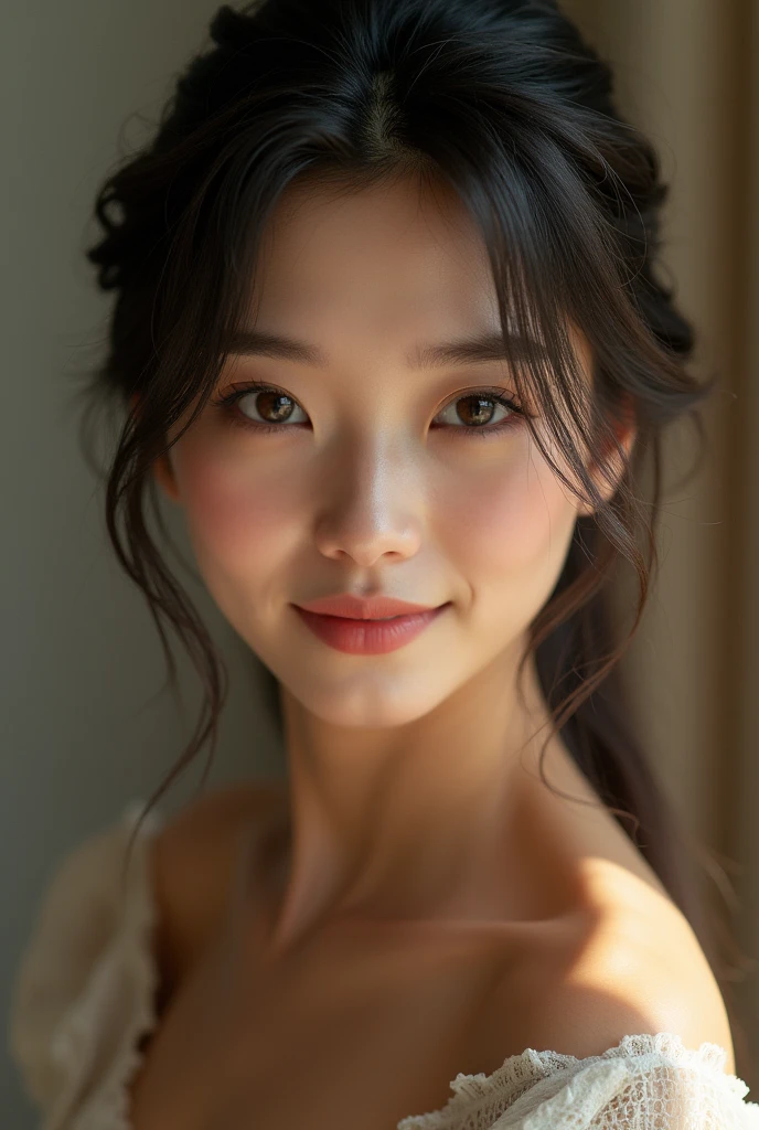 Japanese woman, 20s, smiling, clear skin, fair skin, seductive Madonna-like clothing