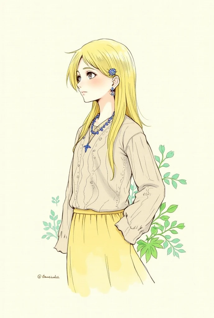 2D, Pastel colors, watercolor,
Line Art, ((Inspired by Takato Yamamoto)),
1 Girl, Solitary, Long hair, Hair accessories, Long sleeve, skirt, Brown eyes, Jewelry, Shut up, Upper Body, Knitted Clothes, earrings, Artist Name, Pattern, Wide sleeves, necklace, plant, yellow 花,