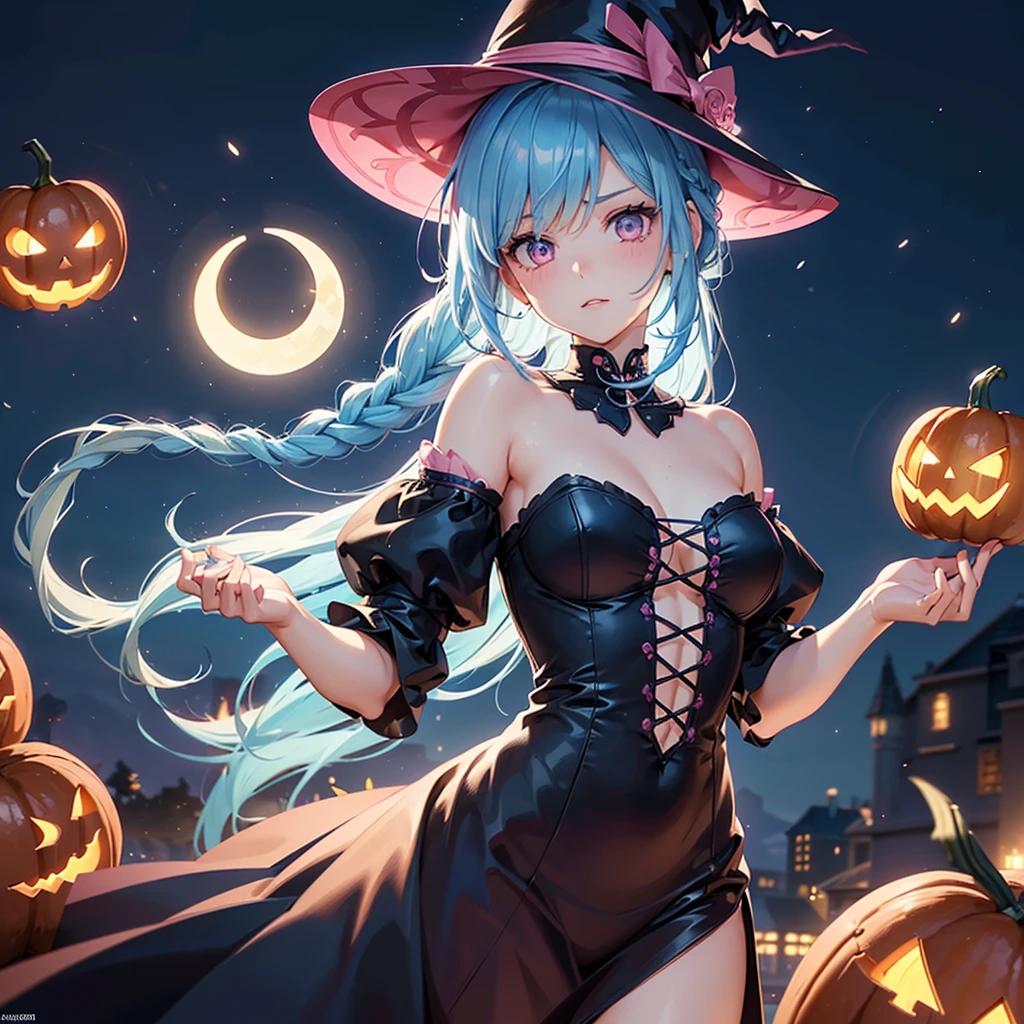 (Sky Blue Hair),(Braided medium hair:1.2), (Pink Eyes),Fair skin) ,(whole body),(One Girl),(Crescent Moon),(There are many pumpkin ghosts in the background),(If you don't give me sweets, I'll be mischievous.),Halloween Night Party),(masterpiece, Highest quality, Very detailed, Best Shadow), (Detailed Background), (Beautifully detailed face), High Contrast, (Best lighting, Very delicate and beautiful), ((Cinematic Light)), Hyper Detail,8k, Dramatic Light, Intricate details,Witch's Clothes,Magic broom,night,Bats flying in the background,